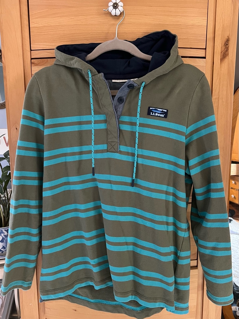 L.L. Bean 100% Cotton Olive Green Hoodie Shirt with Teal Stripes